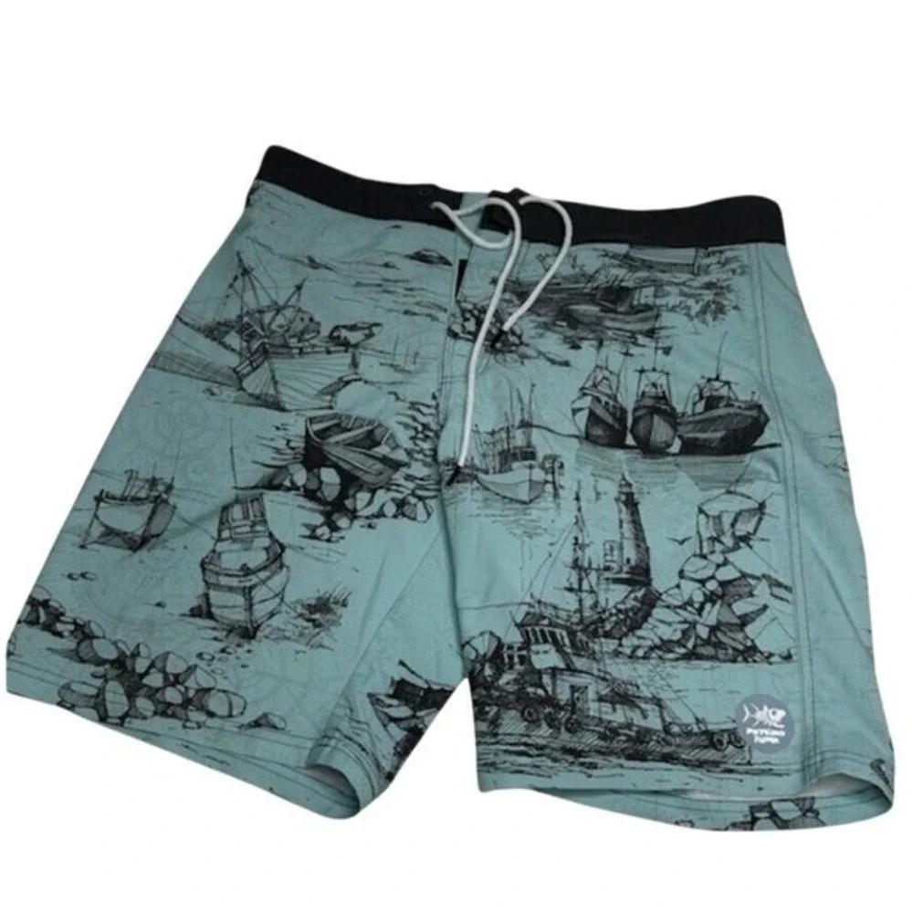 Psycho Tuna Mens Nautical Sketch Board‎ Shorts Seafoam Green 4-Way Stretch 32